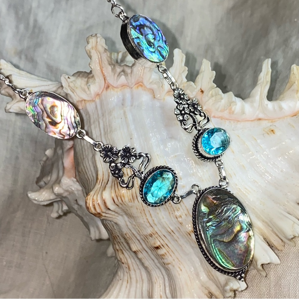 Striking Abalone Shell + Blue Topaz multi-gem necklace